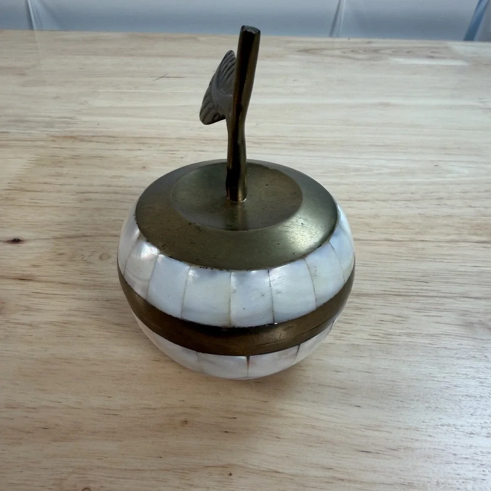 Vintage 90's Brass & Mother of Pearl Apple Shaped Trinket Box India
